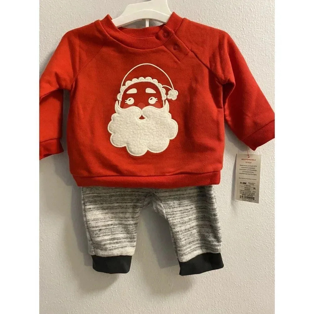 2 pc Toddler Boy 0-3 months Cat & Jack Santa Top & Bottom Set Red & Gray NWT